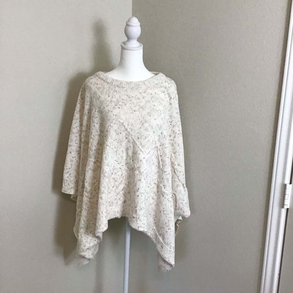 World Market Cream Speckled Polyester Knit Poncho Sweater